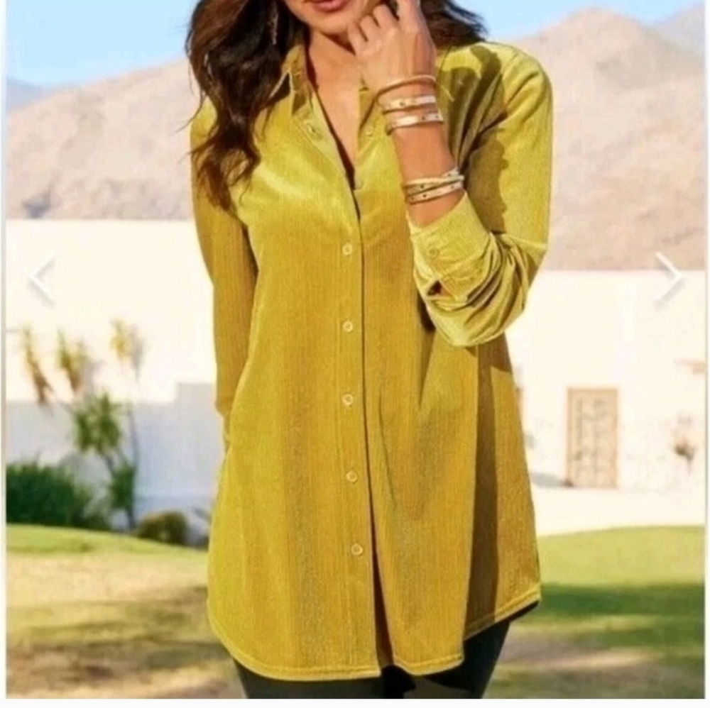 Soft Surroundings Boyfriend Shirt Golden Velvet Corduroy Blouse With A Sheen.